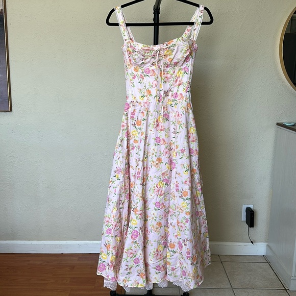 House of CB Rosalee Pink meadow Floral Stretch Cotton Petticoat Dress NWOT sz XS - Picture 4 of 9